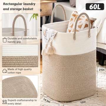 Laundry Basket,Woven Cotton Rope Laundry Hamper Sorters,60L Versatile Storage for Dirty Clothes,Baby...