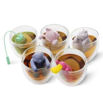 Tea Infuser for Loose Leaf Tea - Par-Tea Pack Silicone Strainer Animals, A Fun and Ideal Gift for Tea Lovers, Friends, and Family, 5-Pack Loose Leaf Steeper Set in Soft Multi-Color Designs