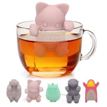 Tea Infuser for Loose Leaf Tea - Par-Tea Pack Silicone Strainer Animals, A Fun and Ideal Gift for Tea Lovers, Friends, and Family, 5-Pack Loose Leaf Steeper Set in Soft Multi-Color Designs