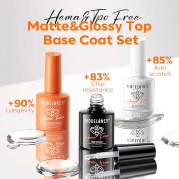 modelones Hema-Free Gel Top and Base Coat Set, 3 Pcs Clear Glossy Velvet Matte Gel Base Top Coat No ...