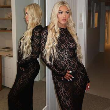 Suillty Women's Elegant Floral Lace Long Sleeve Maxi Dress MeshSee Through Bodycon Y2K Party Club Outfit Black