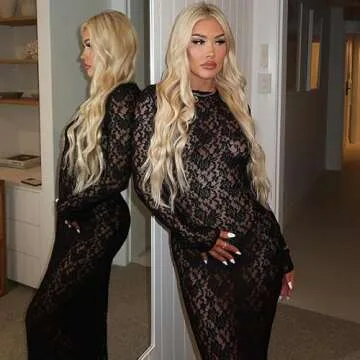 Suillty Women's Elegant Floral Lace Long Sleeve Maxi Dress MeshSee Through Bodycon Y2K Party Club Outfit Black