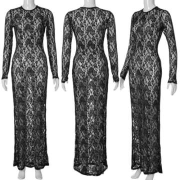 Suillty Women's Elegant Floral Lace Long Sleeve Maxi Dress MeshSee Through Bodycon Y2K Party Club Outfit Black