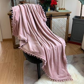 LOMAO Flannel Blanket with Pompom Fringe Lightweight Cozy Bed Blanket Soft Throw Blanket fit Couch S...