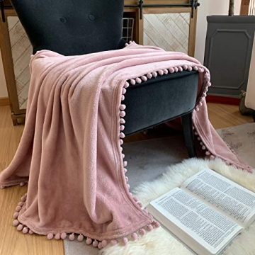 LOMAO Flannel Blanket with Pompom Fringe Lightweight Cozy Bed Blanket Soft Throw Blanket fit Couch Sofa Suitable for All Season (51x63) (Pink)