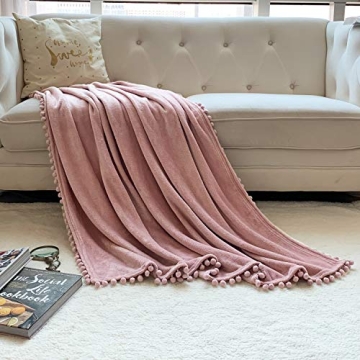 LOMAO Flannel Blanket with Pompom Fringe Lightweight Cozy Bed Blanket Soft Throw Blanket fit Couch Sofa Suitable for All Season (51x63) (Pink)