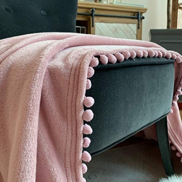 LOMAO Flannel Blanket with Pompom Fringe Lightweight Cozy Bed Blanket Soft Throw Blanket fit Couch Sofa Suitable for All Season (51x63) (Pink)
