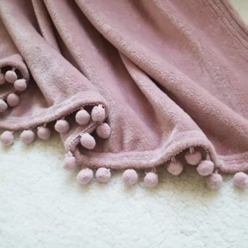 LOMAO Flannel Blanket with Pompom Fringe Lightweight Cozy Bed Blanket Soft Throw Blanket fit Couch Sofa Suitable for All Season (51x63) (Pink)