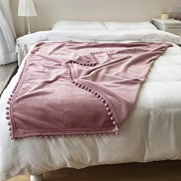 LOMAO Flannel Blanket with Pompom Fringe Lightweight Cozy Bed Blanket Soft Throw Blanket fit Couch Sofa Suitable for All Season (51x63) (Pink)