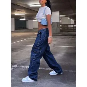 ECUPPER Women Baggy Cargo Jeans Plus Loose Straight Wide Leg Denim Cargo Pants High Waisted Elastic Jean for 90s Streetwear Dark Blue S