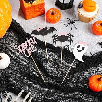 48 Pack Halloween Cupcake Toppers Ghost Pumpkin Bat Spider Spooky One Cupcake Picks Glitter Pink and Black Halloween Baby Shower Decorations for Halloween Gender Reveal Birthday Party Supplies