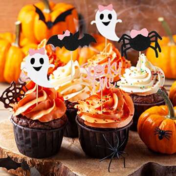 48 Pack Halloween Cupcake Toppers Ghost Pumpkin Bat Spider Spooky One Cupcake Picks Glitter Pink and Black Halloween Baby Shower Decorations for Halloween Gender Reveal Birthday Party Supplies