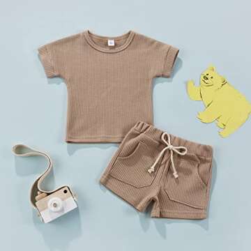 2PCS Summer Toddler Baby Boy Girl Clothes Set Unisex Waffle Solid Short Sleeve Tops Pocket Drawstring Shorts Outfits (Camel, 3-4T)