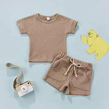 2PCS Summer Toddler Baby Boy Girl Clothes Set Unisex Waffle Solid Short Sleeve Tops Pocket Drawstring Shorts Outfits (Camel, 3-4T)