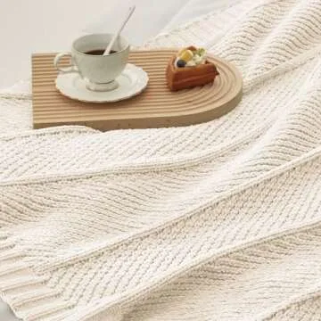 Amélie Home Chenille Knit Throw Blanket for Couch, Chunky Knit Blanket with Chevron Texture Non-Shedding, Decorative Farmhouse Soft Blanket for Home Sofa Chair Bed, Ivory, 50"x 60"