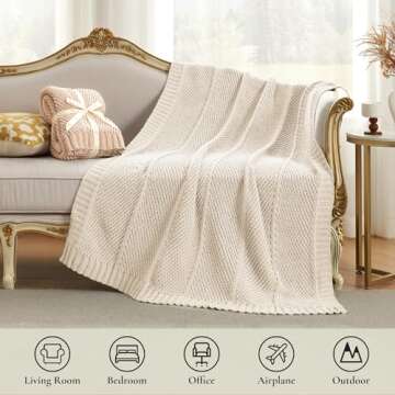 Amélie Home Chenille Knit Throw Blanket for Couch, Chunky Knit Blanket with Chevron Texture Non-Shedding, Decorative Farmhouse Soft Blanket for Home Sofa Chair Bed, Ivory, 50"x 60"