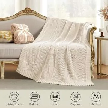 Amélie Home Chenille Knit Throw Blanket for Couch, Chunky Knit Blanket with Chevron Texture Non-Shedding, Decorative Farmhouse Soft Blanket for Home Sofa Chair Bed, Ivory, 50"x 60"