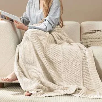 Amélie Home Chenille Knit Throw Blanket for Couch, Chunky Knit Blanket with Chevron Texture Non-Shedding, Decorative Farmhouse Soft Blanket for Home Sofa Chair Bed, Ivory, 50"x 60"