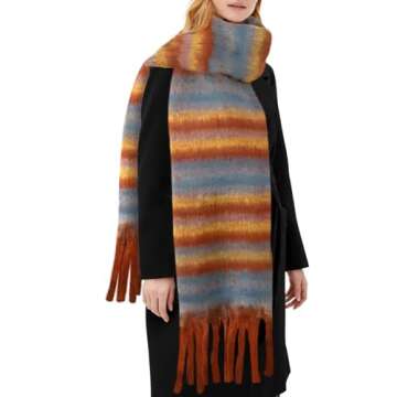 Darller Scarf for Women Big Chunky Plaid Scarves Colorful Oversized Thick Blanket Scarfs Winter Warm Soft Tassel Shawl Womens, Orange red blue stripes