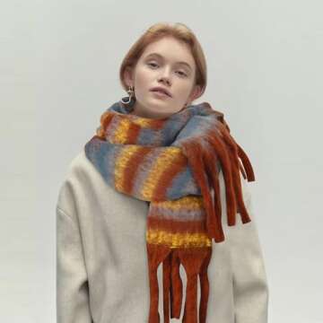 Darller Scarf for Women Big Chunky Plaid Scarves Colorful Oversized Thick Blanket Scarfs Winter Warm Soft Tassel Shawl Womens, Orange red blue stripes