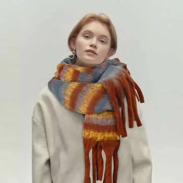 Darller Scarf for Women Big Chunky Plaid Scarves Colorful Oversized Thick Blanket Scarfs Winter Warm Soft Tassel Shawl Womens, Orange red blue stripes
