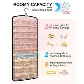 BAGSMART Hanging Jewelry Organizer, Necklace Holder Anti-tangle Earrings Rings Hanger with 20 Jewelry Bags Travel Storage Roll with Pockets Hang on Closet, Wall, Door,1 Piece, Large, Black