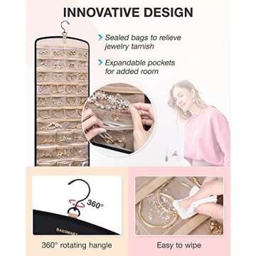 BAGSMART Hanging Jewelry Organizer, Necklace Holder Anti-tangle Earrings Rings Hanger with 20 Jewelry Bags Travel Storage Roll with Pockets Hang on Closet, Wall, Door,1 Piece, Large, Black