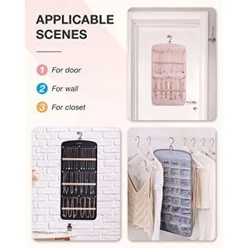 BAGSMART Hanging Jewelry Organizer, Necklace Holder Anti-tangle Earrings Rings Hanger with 20 Jewelry Bags Travel Storage Roll with Pockets Hang on Closet, Wall, Door,1 Piece, Large, Black