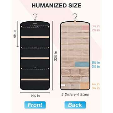 BAGSMART Hanging Jewelry Organizer, Necklace Holder Anti-tangle Earrings Rings Hanger with 20 Jewelry Bags Travel Storage Roll with Pockets Hang on Closet, Wall, Door,1 Piece, Large, Black