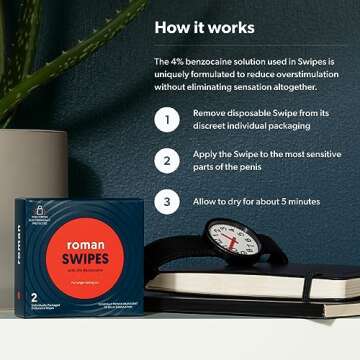 Roman Swipes | Fast-Acting, Convenient, Over-The-Counter Wipes Increase Stamina, Formulated with 4% Benzocaine, Features Discreet Packaging | 12-Pack