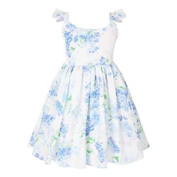 Flofallzique Floral Girls Dress Summer Casual Ruffle Sleeves Tiered Kids Vintage Sundress(4,Sea Blue...