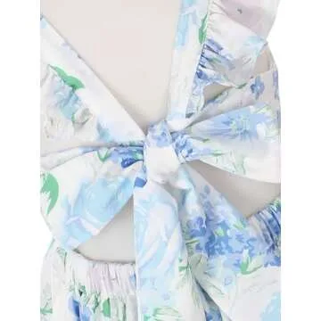 Flofallzique Floral Girls Dress Summer Casual Ruffle Sleeves Tiered Kids Vintage Sundress(4,Sea Blue)