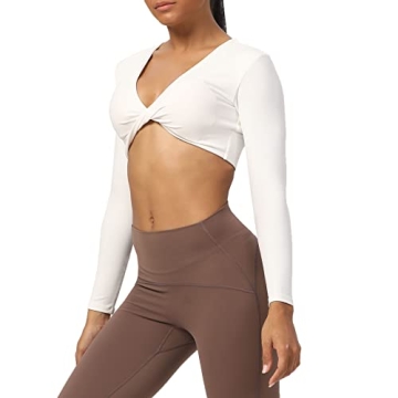 Aoxjox Long Sleeve Crop Tops for Women Sienna Twist Deep V Workout Cropped T Shirt Top (White, Small...