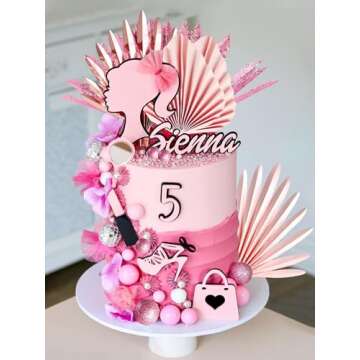 JeVenis Luxury Hot Pink Girl Cake Decoration Pink Girls Birthday Decoration Pink Balls Palm Leaves H...