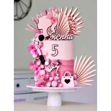 JeVenis Luxury Hot Pink Girl Cake Decoration Pink Girls Birthday Decoration Pink Balls Palm Leaves Heels Lipstick Bags Cake Topper for Birthday Bridal Shower Baby Shower