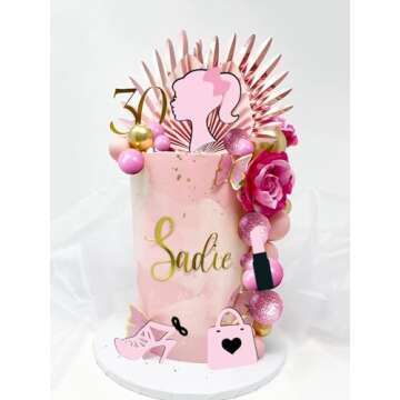 JeVenis Luxury Hot Pink Girl Cake Decoration Pink Girls Birthday Decoration Pink Balls Palm Leaves Heels Lipstick Bags Cake Topper for Birthday Bridal Shower Baby Shower