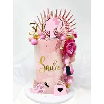 JeVenis Luxury Hot Pink Girl Cake Decoration Pink Girls Birthday Decoration Pink Balls Palm Leaves Heels Lipstick Bags Cake Topper for Birthday Bridal Shower Baby Shower