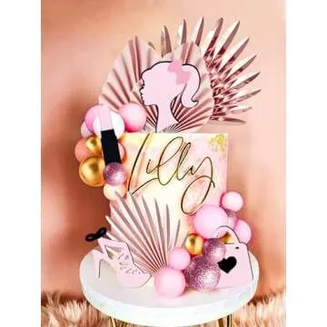 JeVenis Luxury Hot Pink Girl Cake Decoration Pink Girls Birthday Decoration Pink Balls Palm Leaves Heels Lipstick Bags Cake Topper for Birthday Bridal Shower Baby Shower