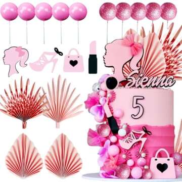 JeVenis Luxury Hot Pink Girl Cake Decoration Pink Girls Birthday Decoration Pink Balls Palm Leaves Heels Lipstick Bags Cake Topper for Birthday Bridal Shower Baby Shower