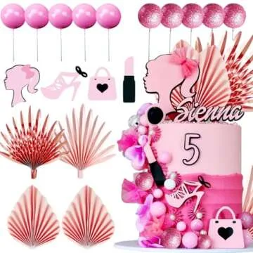 JeVenis Luxury Hot Pink Girl Cake Decoration Pink Girls Birthday Decoration Pink Balls Palm Leaves Heels Lipstick Bags Cake Topper for Birthday Bridal Shower Baby Shower