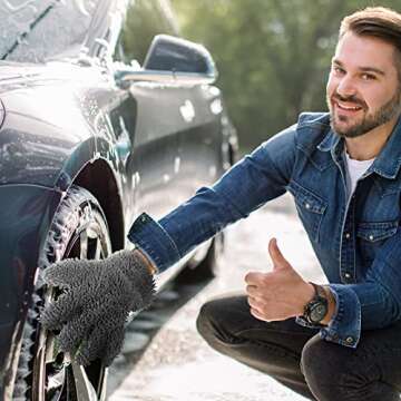 Ferraycle 2 Packs Car Wash Mitt 5 Finger Microfiber Wash Mitts Auto Car Dusting Gloves Double Sided Cleaning Gloves for Kitchen Home(Blue and Gray)