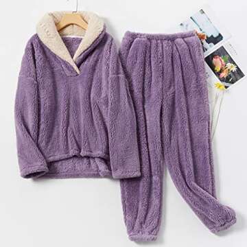 Lu's Chic Women's Fuzzy Pajama Sets Soft Cozy Comfy Warm Thick Fleece Loungewear Winter Sherpa Lined Plush 2 Piece Outfit Long Sleeve Pants Oversized Pjs Lounge Pullover Purple Medium