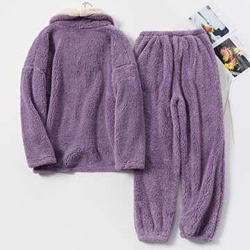 Lu's Chic Women's Fuzzy Pajama Sets Soft Cozy Comfy Warm Thick Fleece Loungewear Winter Sherpa Lined Plush 2 Piece Outfit Long Sleeve Pants Oversized Pjs Lounge Pullover Purple Medium