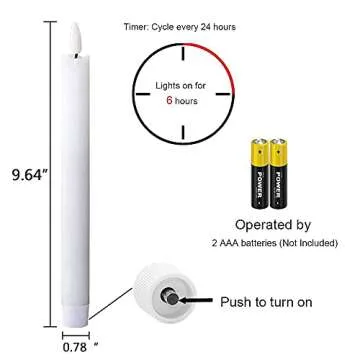 Wondise White Flameless Taper Candles, 6 Pack, Timer, Real Wax LED