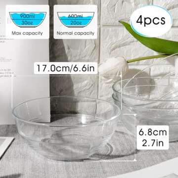 NUTRIIUPS 4 Pack Tempered Glass Prep Bowls, Clear Glass Bowl Set 6.6 Inch, Glass Salad Bowls for Kit...