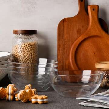 NUTRIIUPS 4 Pack Tempered Glass Prep Bowls, Clear Glass Bowl Set 6.6 Inch, Glass Salad Bowls for Kitchen Microwave and Oven Safe (30 OZ (4 PCS))