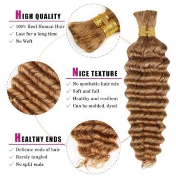 Honey Human Braiding Hair Deep Wave Bulk Human Hair for Braiding,27# Color No Weft Curly Braiding Hair Extensions for Boho Braids Wet and Wavy Braiding Human Hair Bundles(14inch,#27,100g)