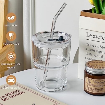 Olvini 13oz Glass Tumbler with Straw and Lid for Stylish Sipping