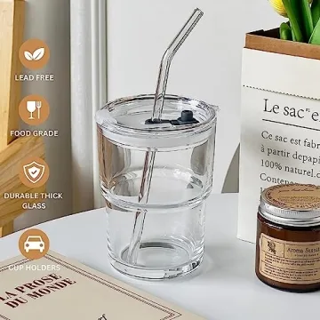 Olvini 13oz Glass Tumbler with Straw and Lid for Stylish Sipping