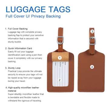 Vigorport Luggage Tag，Leather Identifiers Travel Tags for Suitcase,Bag Tags with Name Card Holder-Set of 4(Brown)